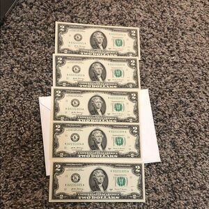 Set of Five Two Dollar Bills